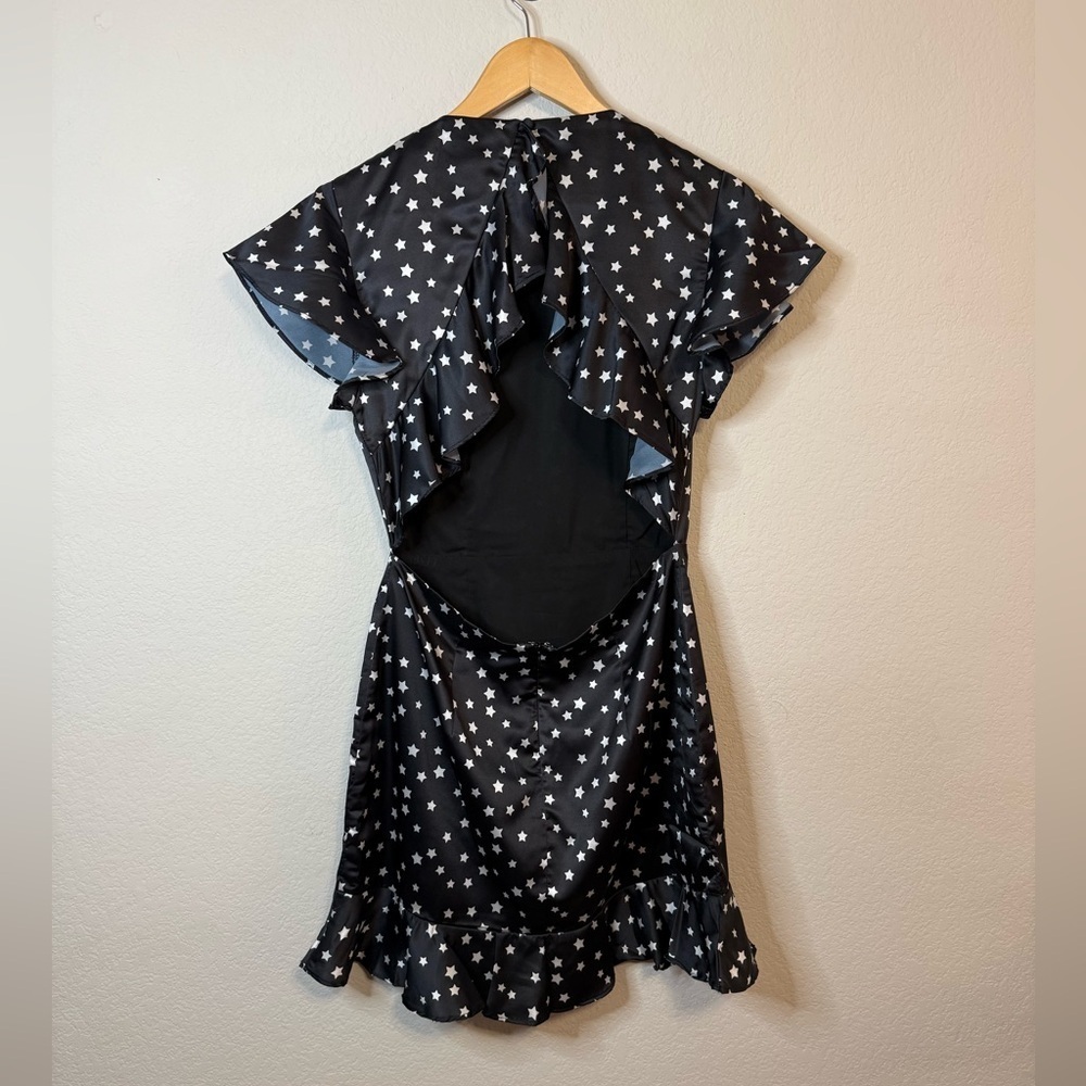 By The Way Claudia Ruffle Open Back Dress Black Star Mini Ruffle Fun Party Sz MD - Picture 7 of 13